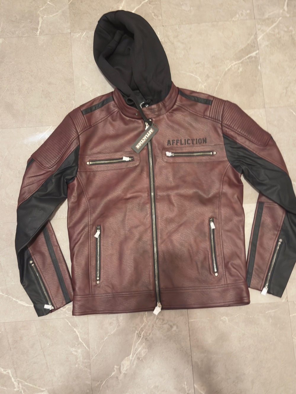 affliction hooded Destiny motorcycle leather jacket sz s and l